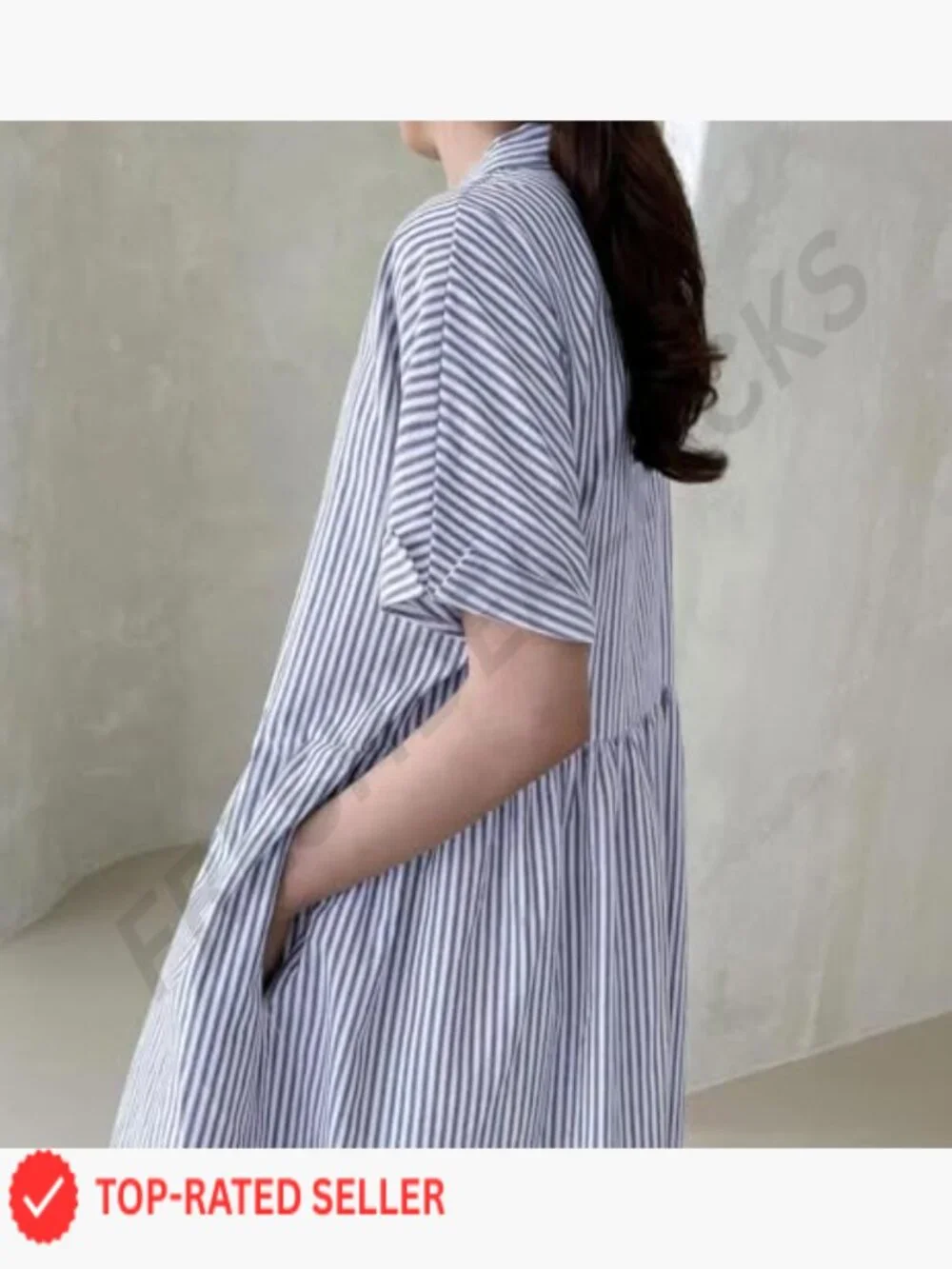 Cotton Striped Midi Shift Dress Button Up Short Sleeve With Pockets - Picture 4 of 5